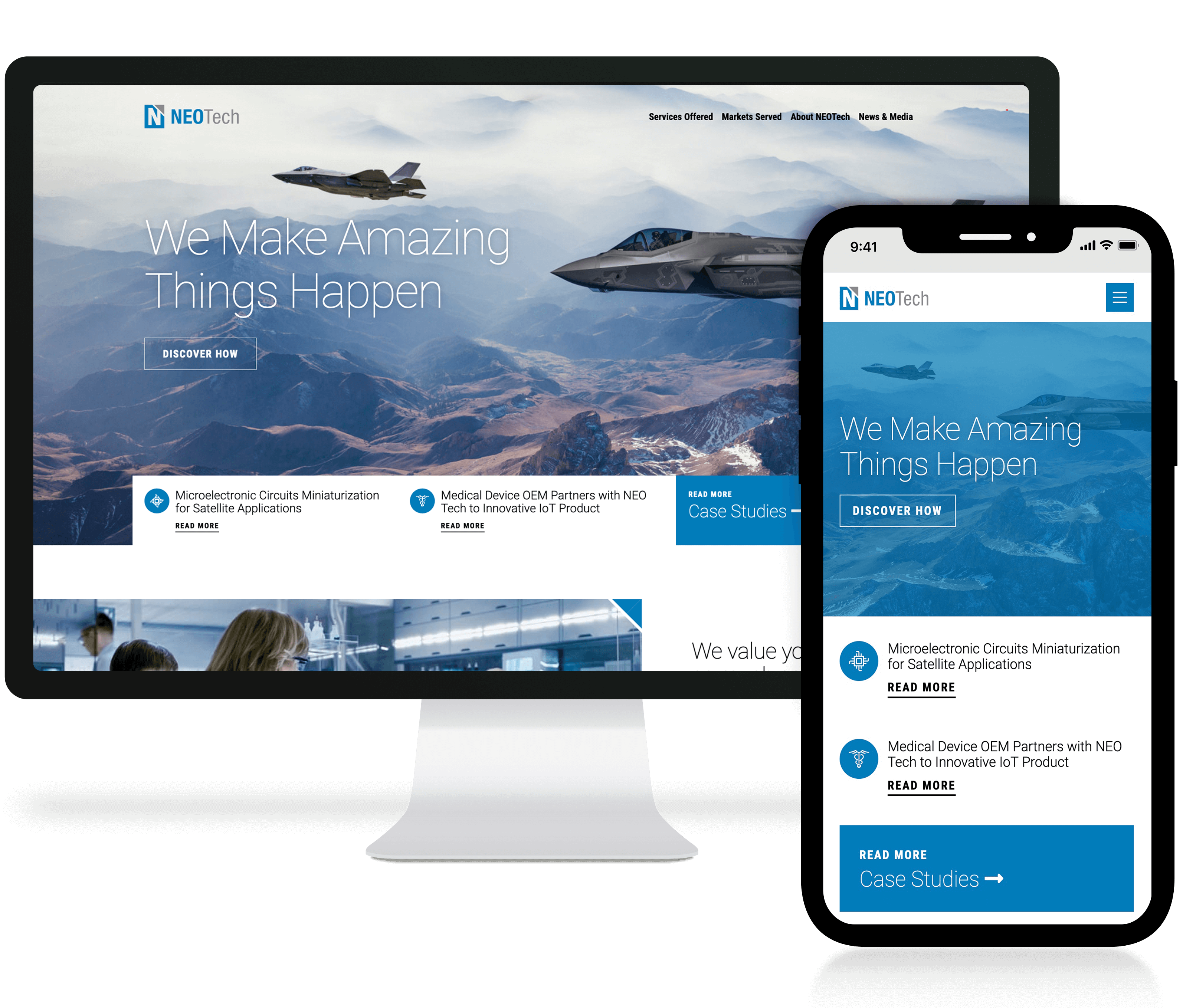 Website mockup shown in desktop and phone